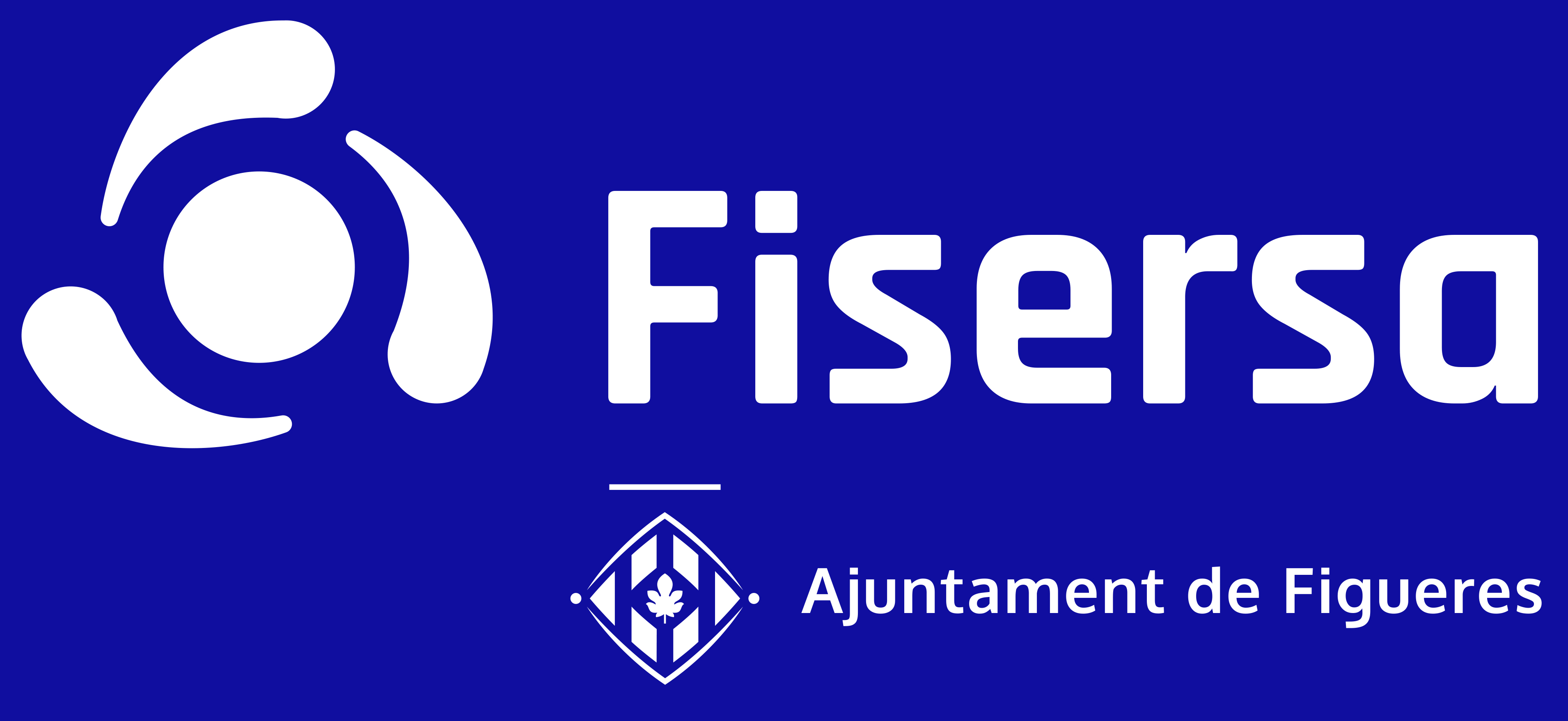 Logo de Fisersa en blanc corporatiu sobre fons blau corporatiu amb el logotip de l'ajuntament de Figueres